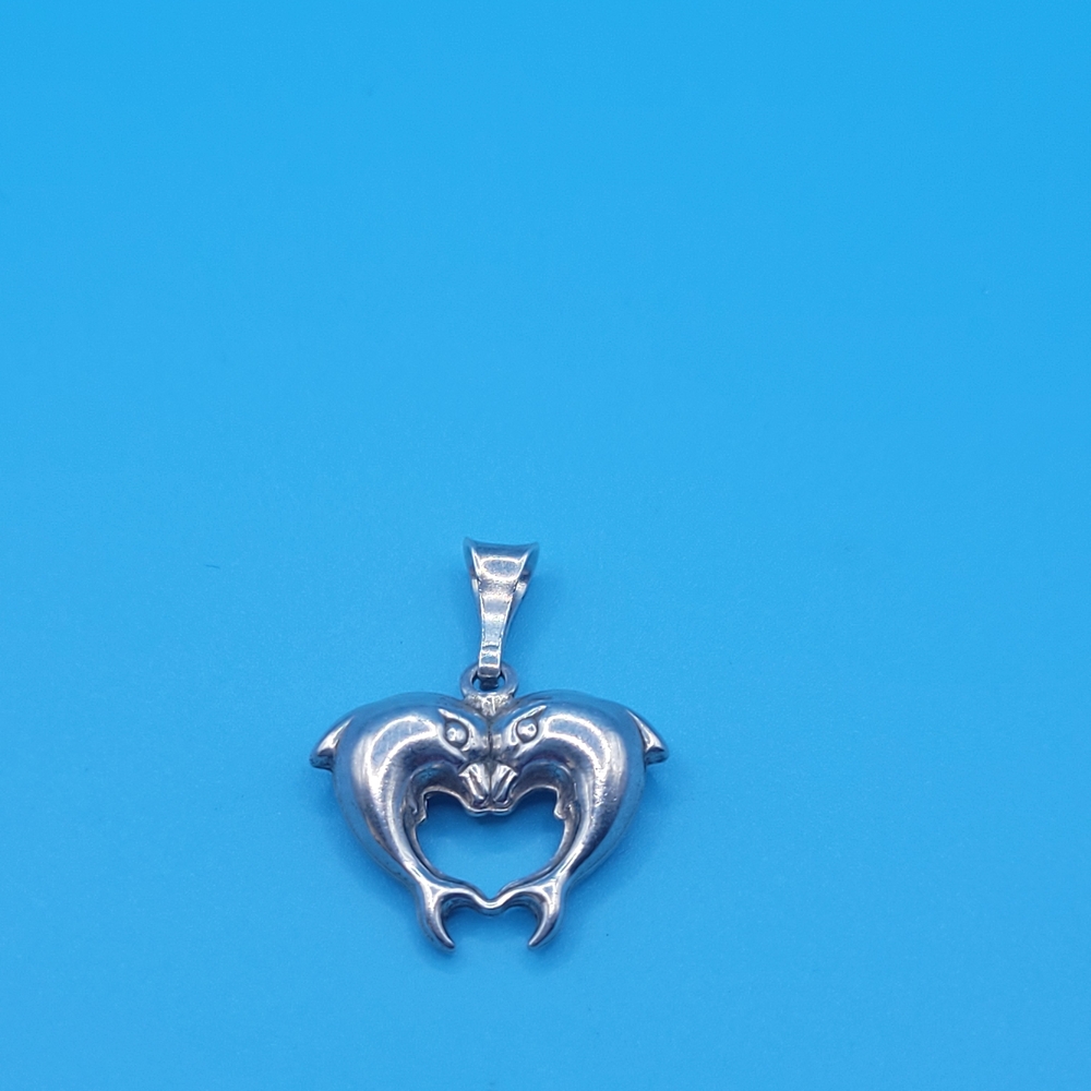 Vintage 925 Italy Sterling Silver Dolphin Heart Necklace Pendant